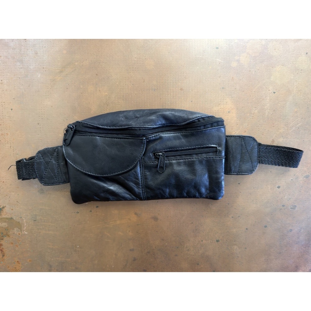 Black Genuine Leather Waist Bag Fanny Pack Multi Pocket Adjustable Belt Vintage